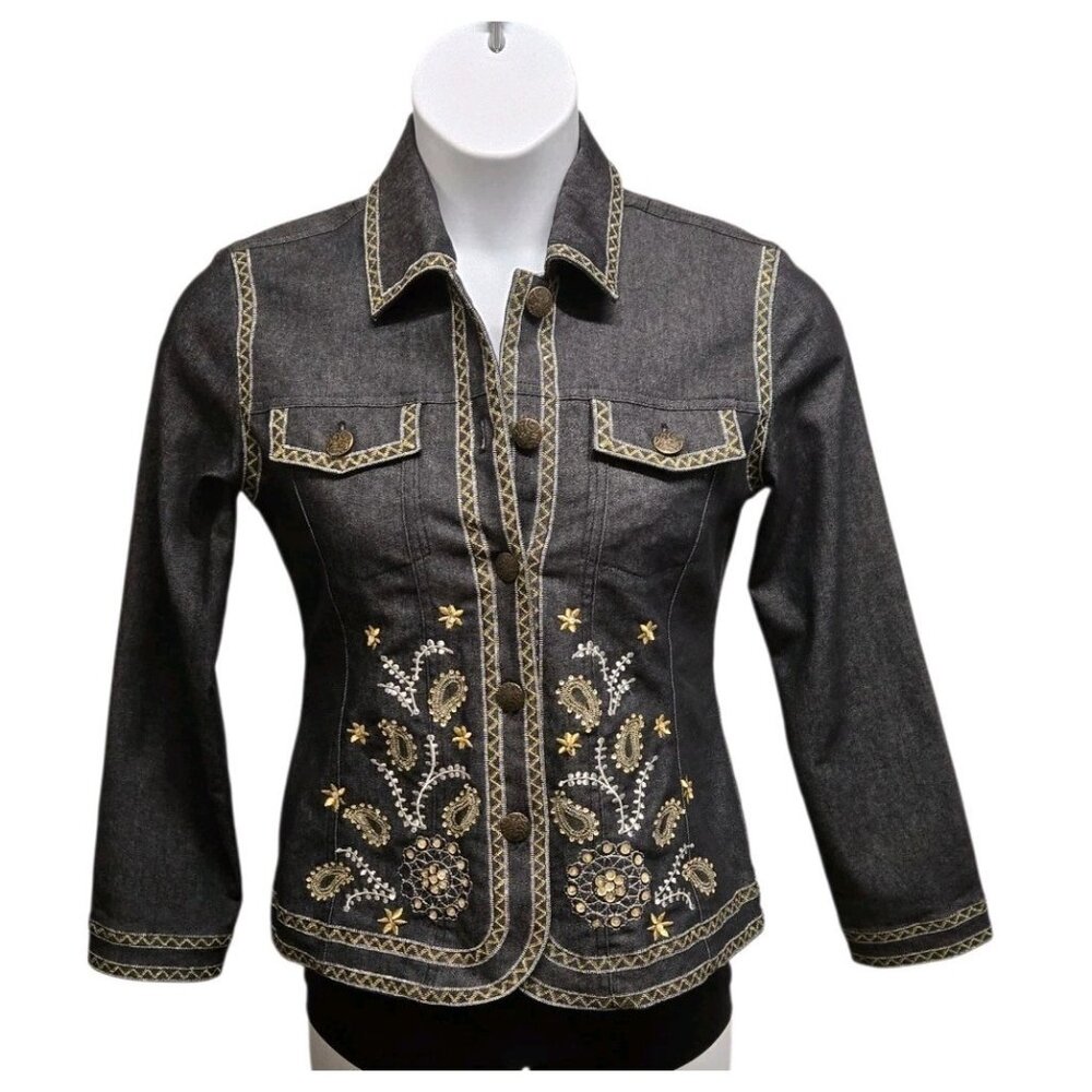 Analogy Denim Jacket Womens Small Dark Denim Embroidered Metallic Embellished